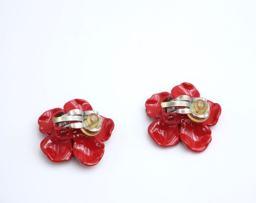 Chanel Vintage 04P 樹脂大紅色疊層花花耳環-6