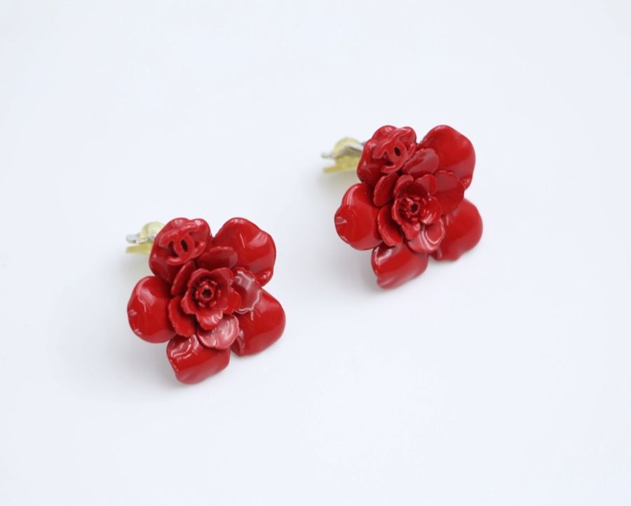 Chanel Vintage 04P 樹脂大紅色疊層花花耳環-7
