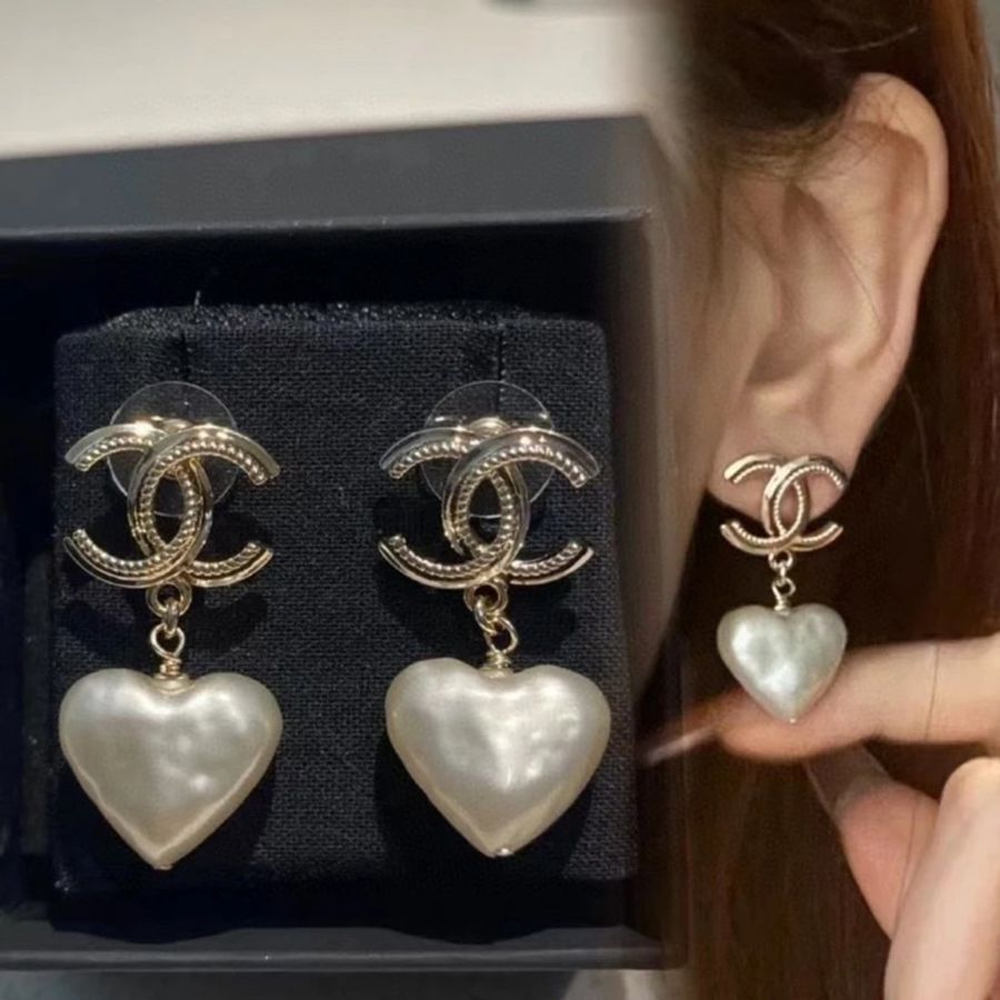 💝FuFu.Style ⟡.·* Chanel 劉詩詩同款珍珠愛心雙C小香耳環-0