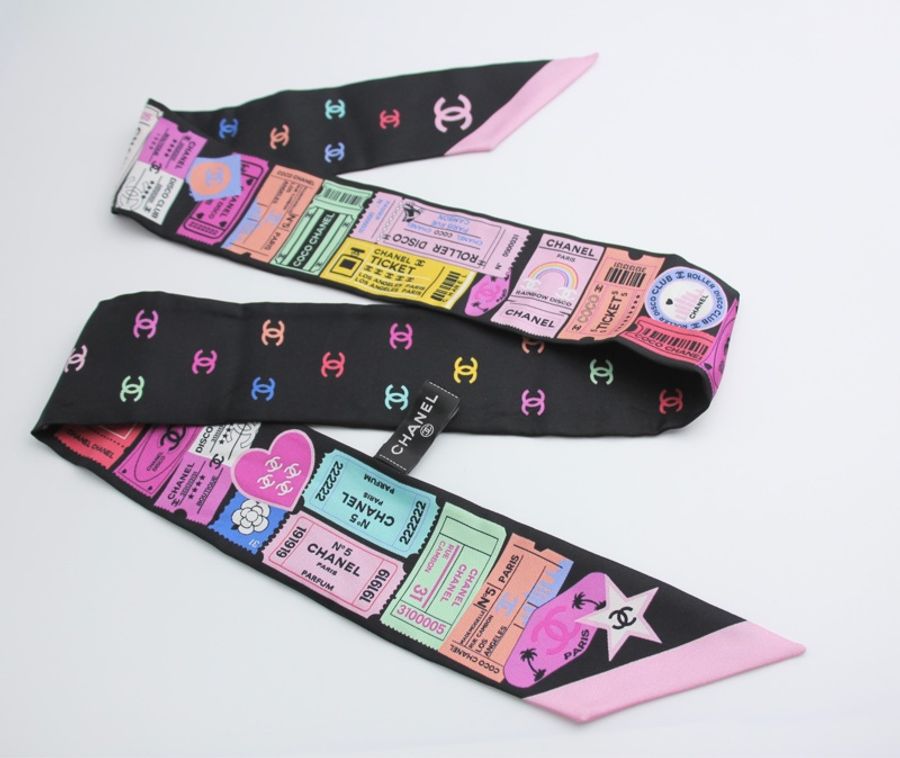 Chanel 100% Slim Silk Scarf Bandeau Twilly CC Mark Scarf in Multicolour-6