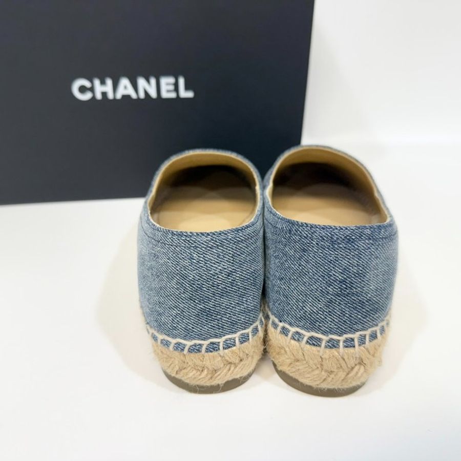 CHANEL牛仔藍拚黑頭草編鉛筆鞋38碼-2
