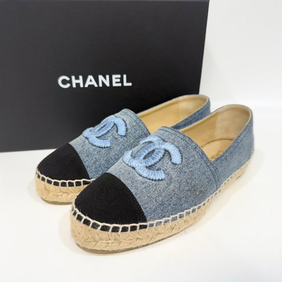 CHANEL牛仔藍拚黑頭草編鉛筆鞋38碼-5