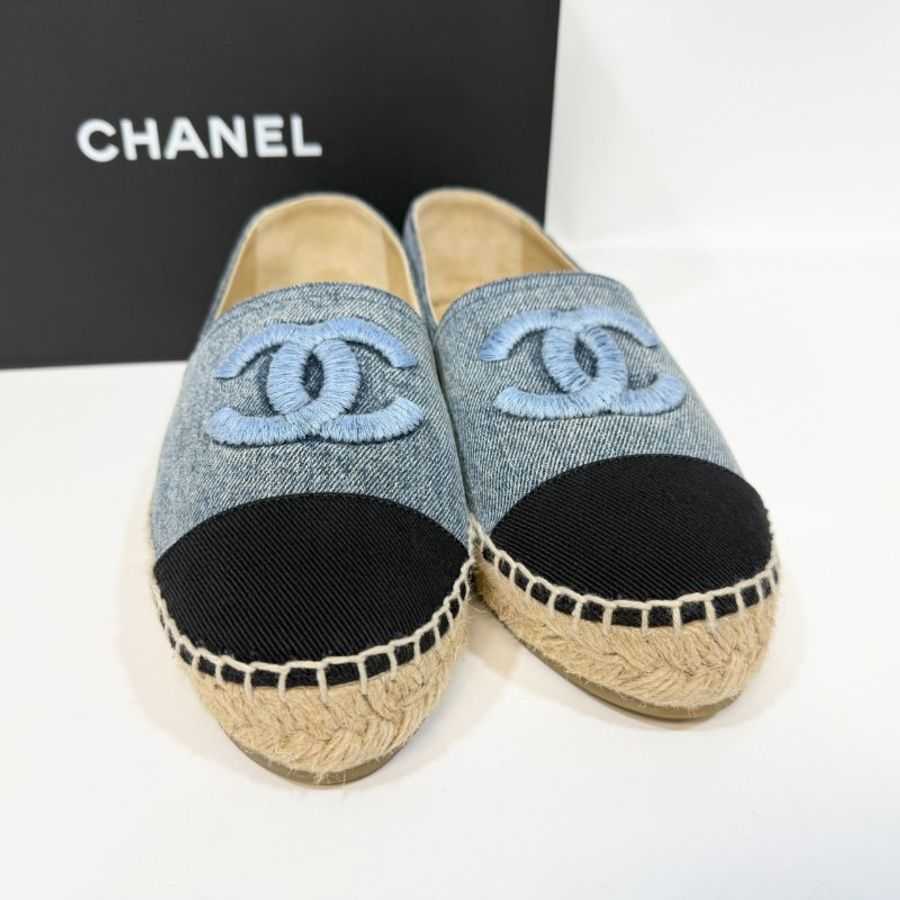 CHANEL牛仔藍拚黑頭草編鉛筆鞋38碼-7