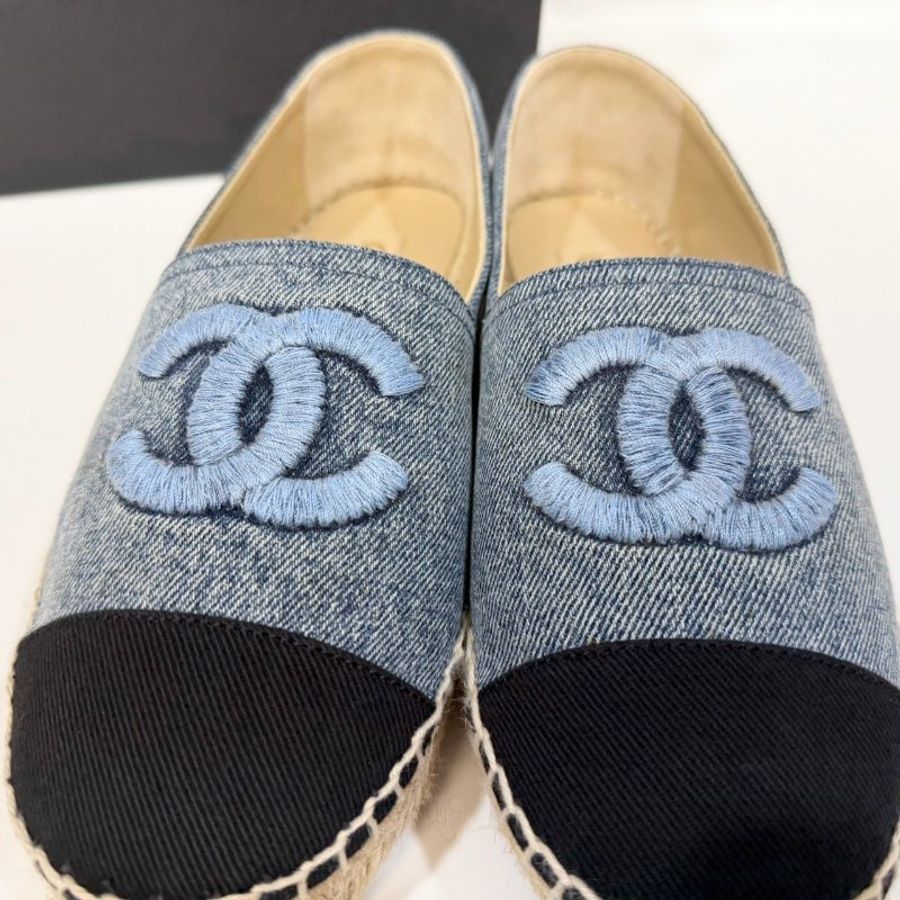 CHANEL牛仔藍拚黑頭草編鉛筆鞋38碼-8