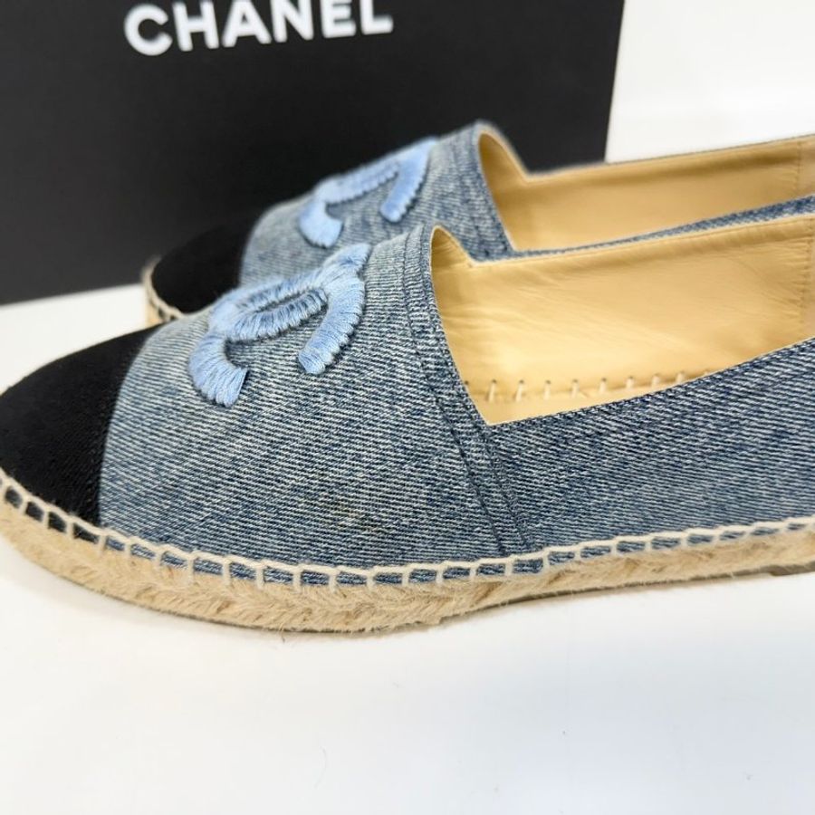 CHANEL牛仔藍拚黑頭草編鉛筆鞋38碼-11