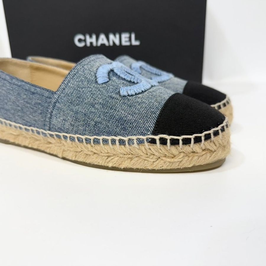 CHANEL牛仔藍拚黑頭草編鉛筆鞋38碼-14