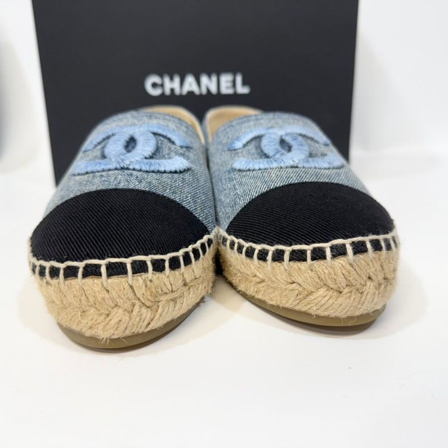 CHANEL牛仔藍拚黑頭草編鉛筆鞋38碼-15