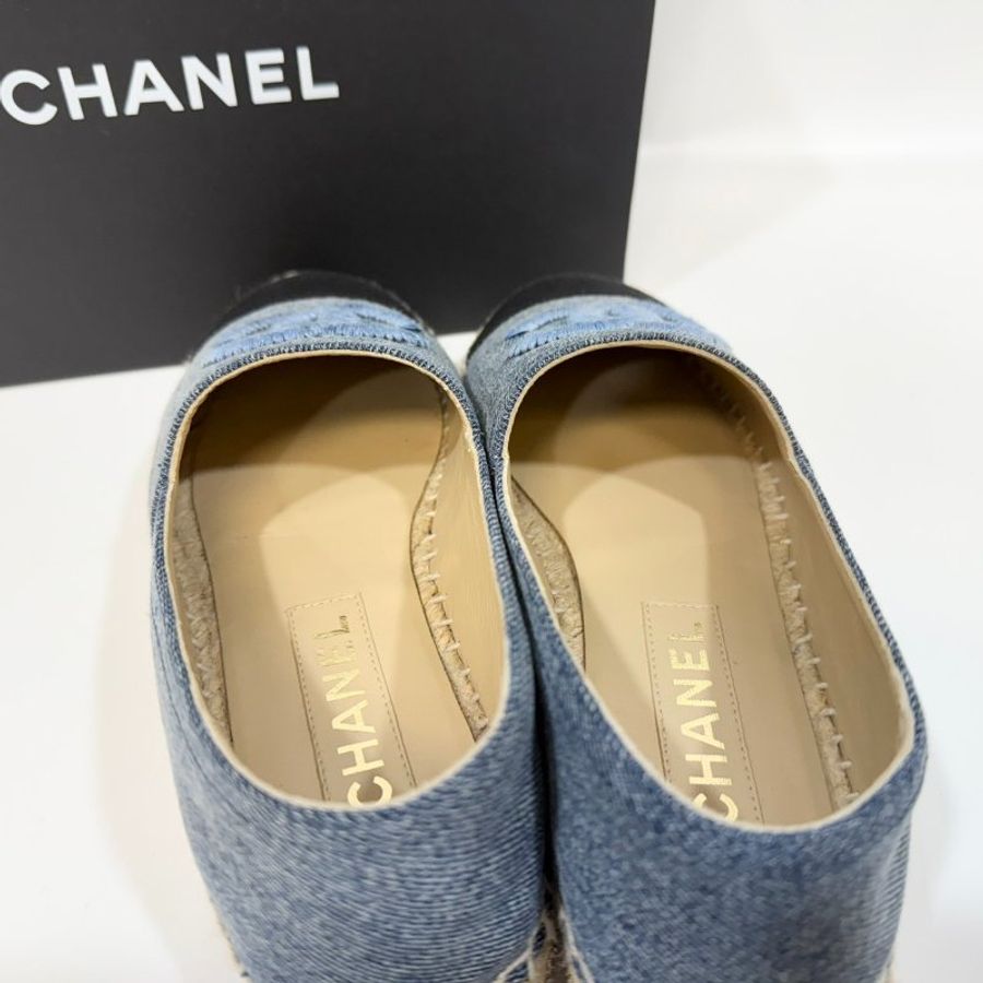 CHANEL牛仔藍拚黑頭草編鉛筆鞋38碼-18