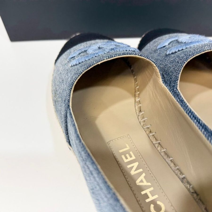 CHANEL牛仔藍拚黑頭草編鉛筆鞋38碼-20