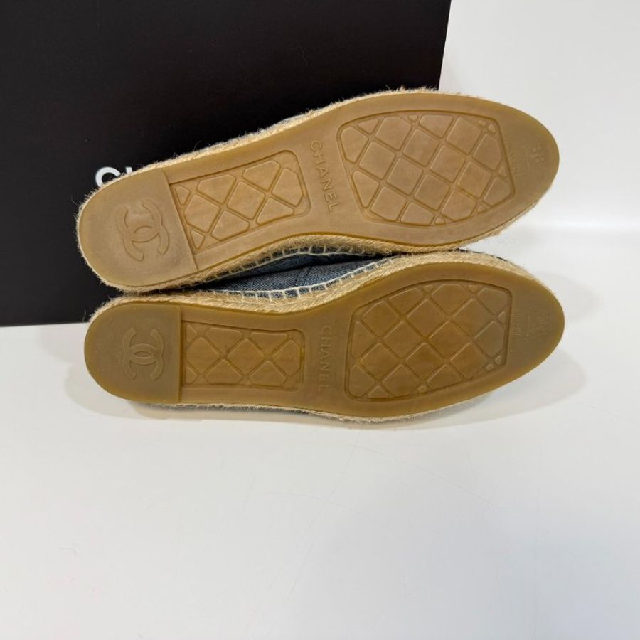 CHANEL牛仔藍拚黑頭草編鉛筆鞋38碼-21