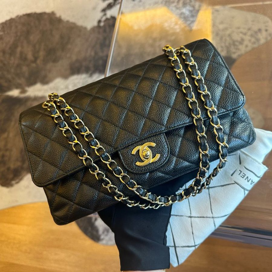 Chanel香奈兒黑金魚子醬菱格紋 cf鏈條包中號-0
