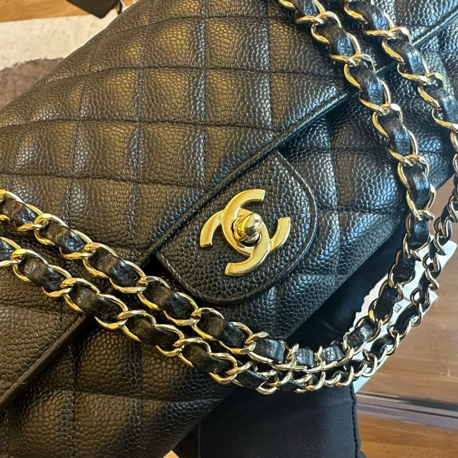 Chanel香奈兒黑金魚子醬菱格紋 cf鏈條包中號-1