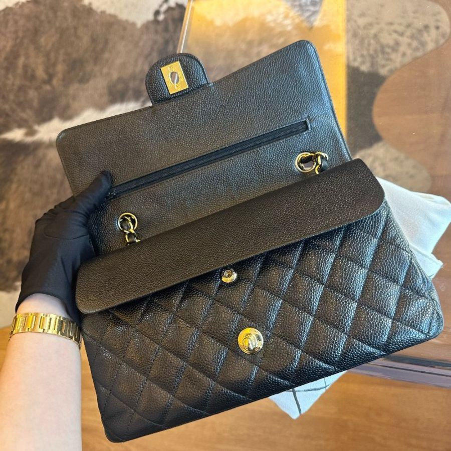 Chanel香奈兒黑金魚子醬菱格紋 cf鏈條包中號-7