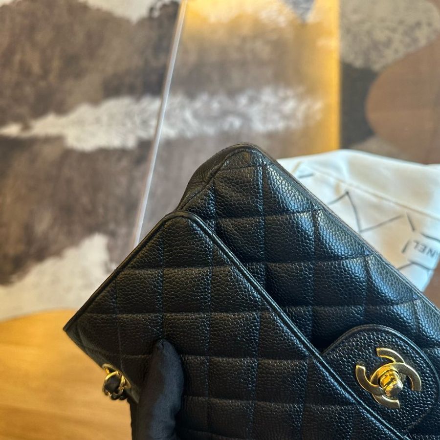 Chanel香奈兒黑金魚子醬菱格紋 cf鏈條包中號-9