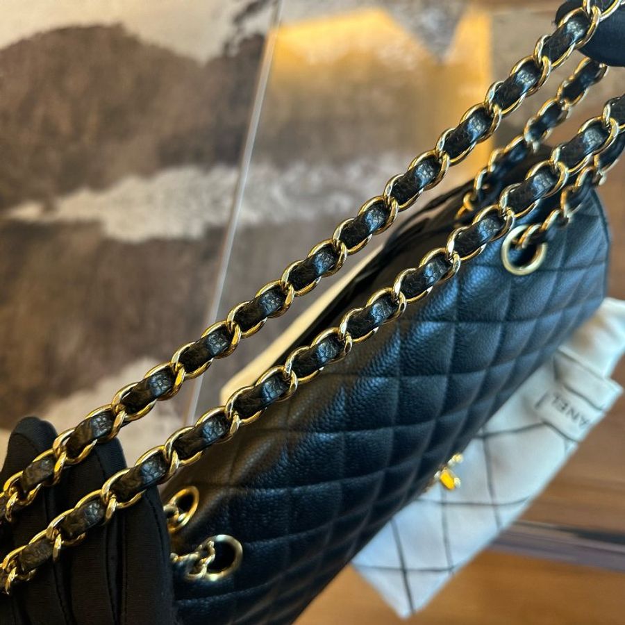Chanel香奈兒黑金魚子醬菱格紋 cf鏈條包中號-20