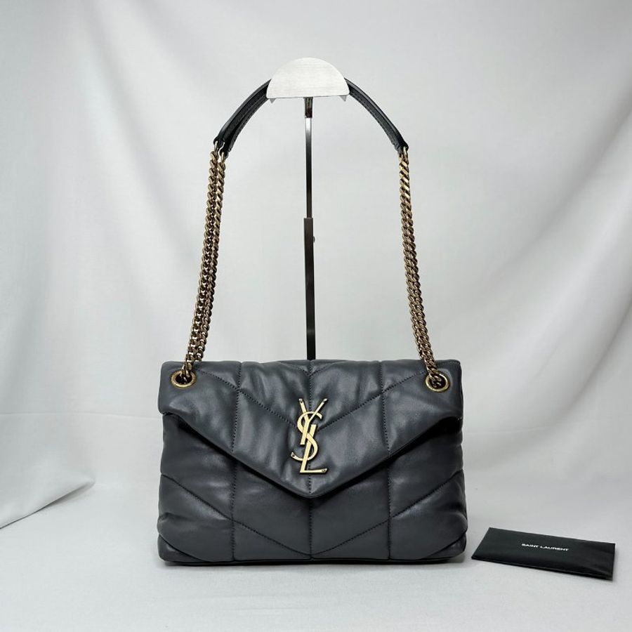 YSL Puffer小號絎縫灰羊鍊帶包-0