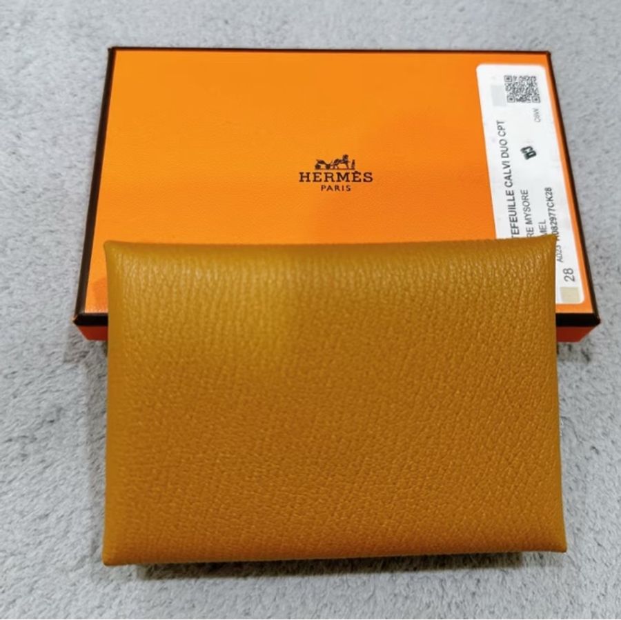 全新現貨 Hermes CALVI DUO 山羊皮 焦糖色零錢包-9