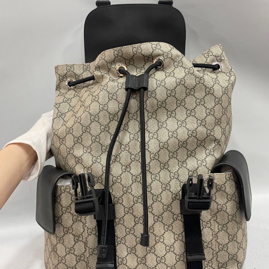 Gucci 450958老花拼黑牛皮飾邊雙口袋後背包-14