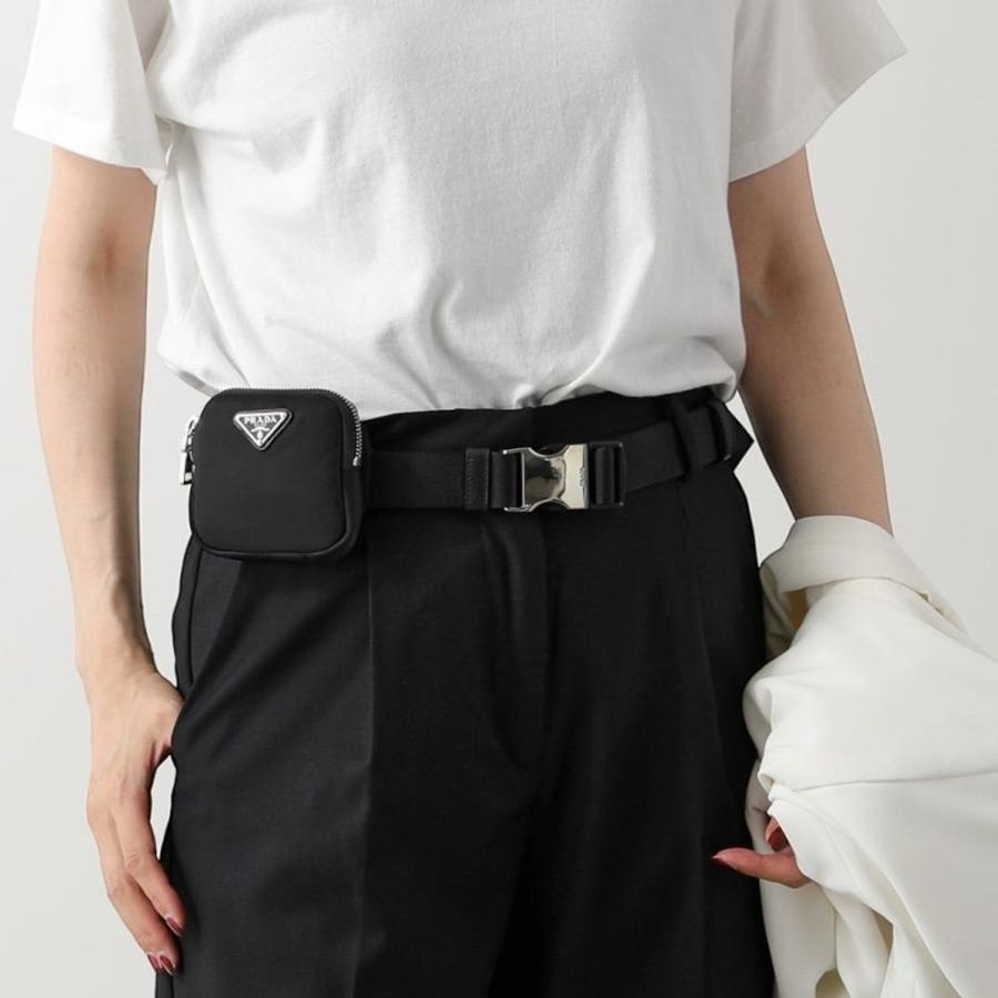 🌿春季限時降價🌿Prada 1CN076 女款編織尼龍腰帶 附可拆卸萬用袋可放信用卡/AirPods 黑色 腰帶長103公分-3