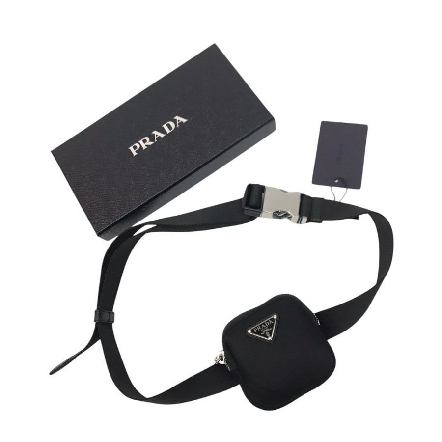 🌿春季限時降價🌿Prada 1CN076 女款編織尼龍腰帶 附可拆卸萬用袋可放信用卡/AirPods 黑色 腰帶長103公分-9