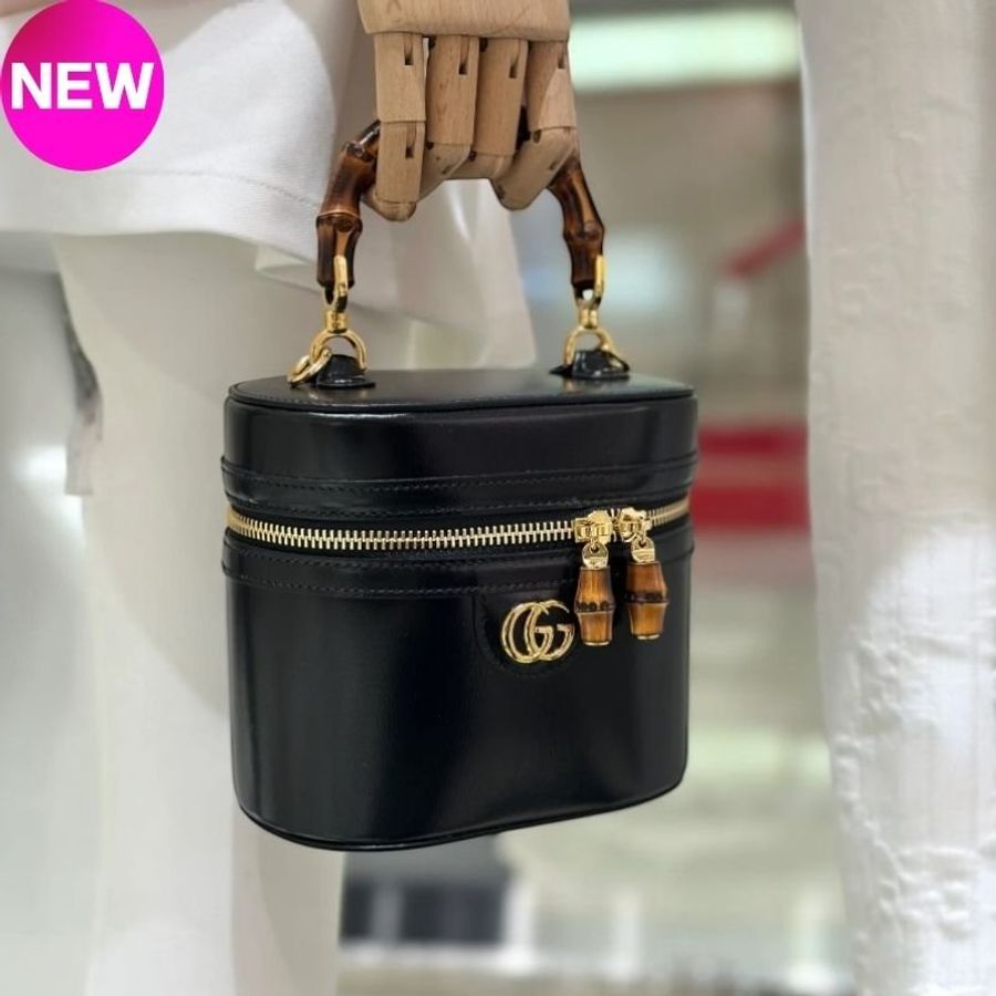 🌸2025春夏新品🌸Gucci 760200 竹節提把迷你化妝包 黑色/附肩帶-0