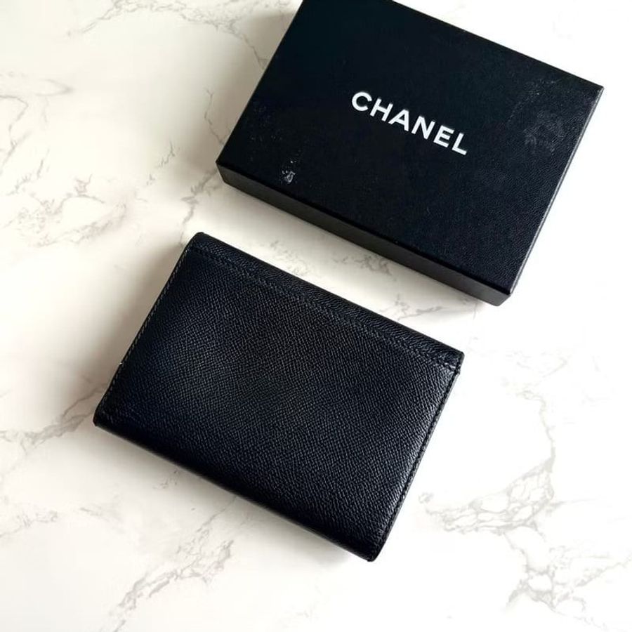 【LA LUNE】稀有中古二手Chanel黑色皮革金扣中夾 短夾 皮夾 銀包古董包 錢包-3