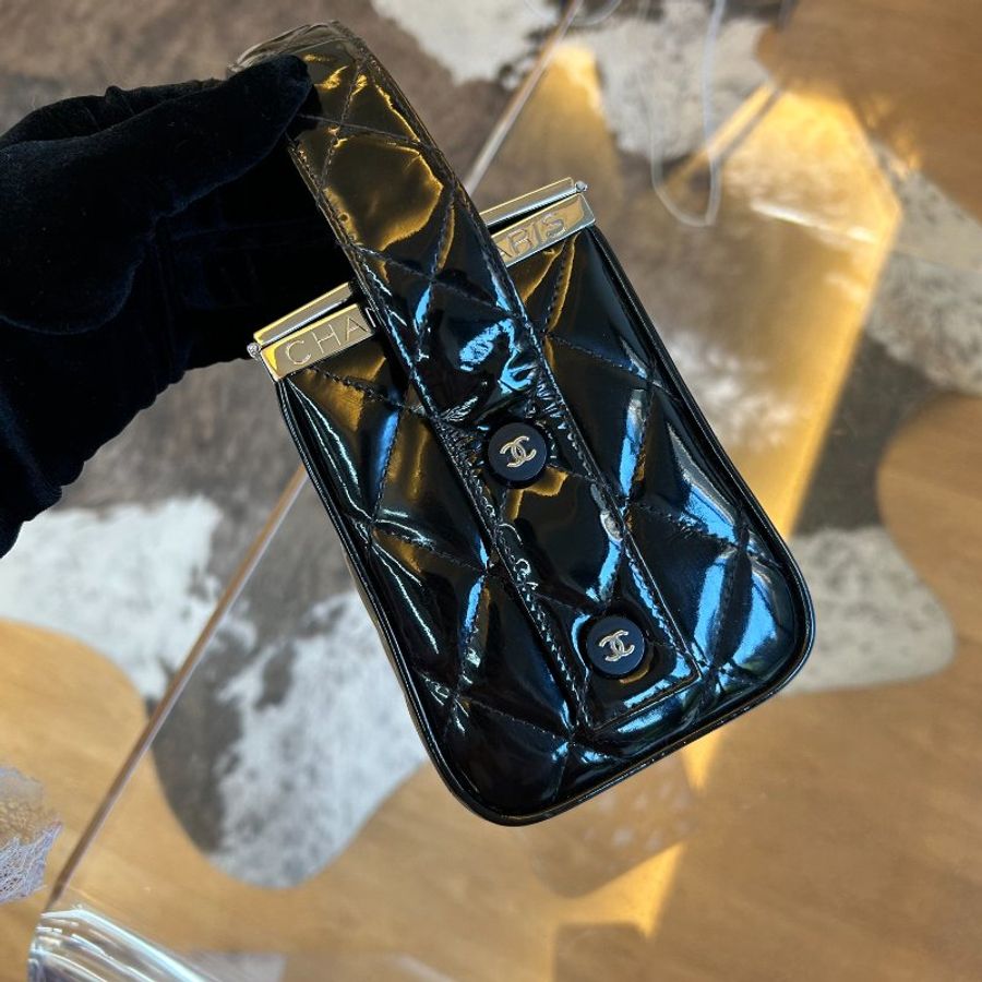 Chanel黑色漆皮菱格紋觀音包晚宴包-2