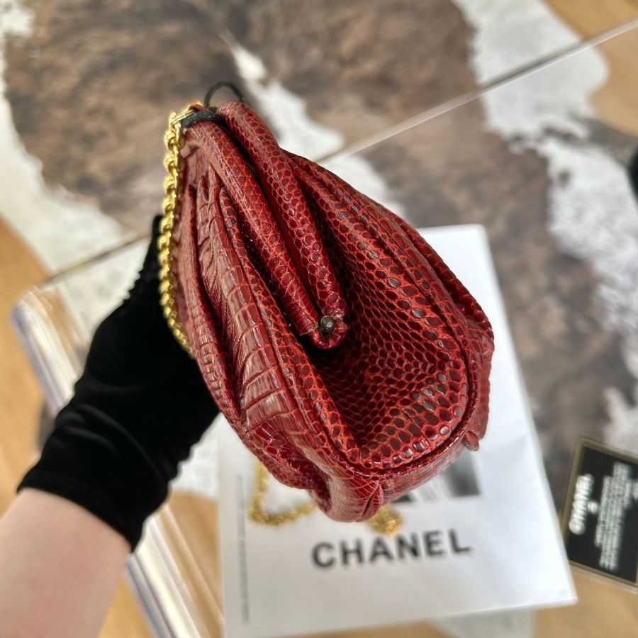 Chanel香奈兒紅金蜥蜴皮元寶鏈條包帶卡-4