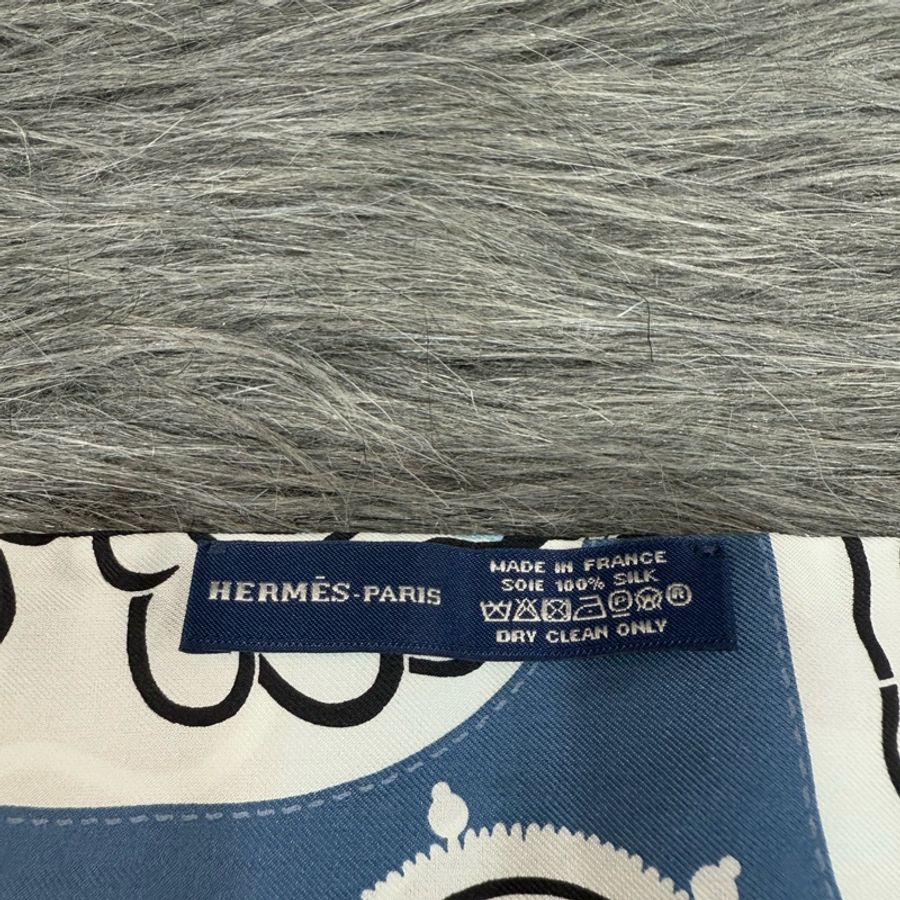 HERMES KELLY TWILLY 藍白黑色花朵圖騰 絲巾 領巾 髮帶 提把巾-4