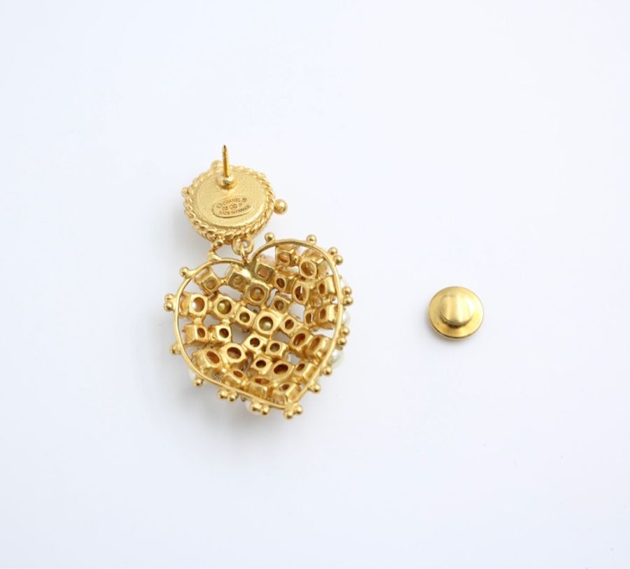 Chanel Vintage 02P 鍍金粒粒仿珍珠心型吊墜胸針-6