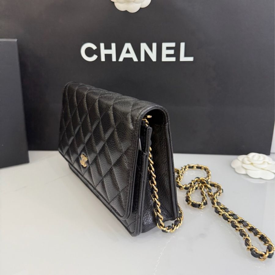Chanel Woc 晶片款 磁吸釦 黑金 WOC 荔枝牛皮 鏈帶包-10