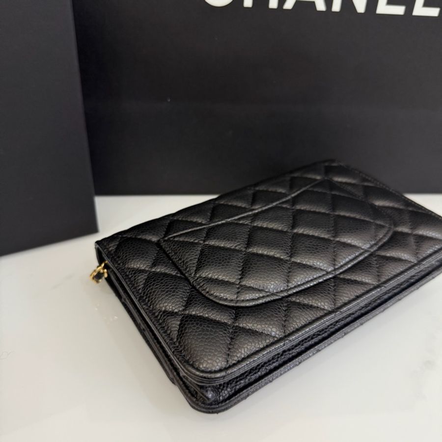 Chanel Woc 晶片款 磁吸釦 黑金 WOC 荔枝牛皮 鏈帶包-12