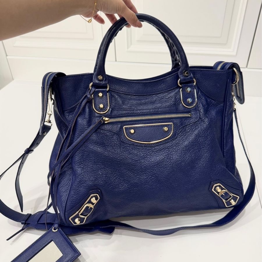 BALENCIAGA巴黎世家Metallic Edge Velo 藍色 山羊皮 機車包 手提包 肩背包 側背包 斜背包-0