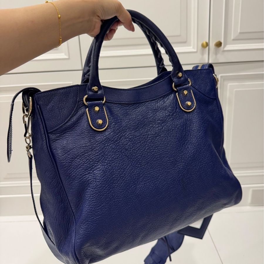 BALENCIAGA巴黎世家Metallic Edge Velo 藍色 山羊皮 機車包 手提包 肩背包 側背包 斜背包-9