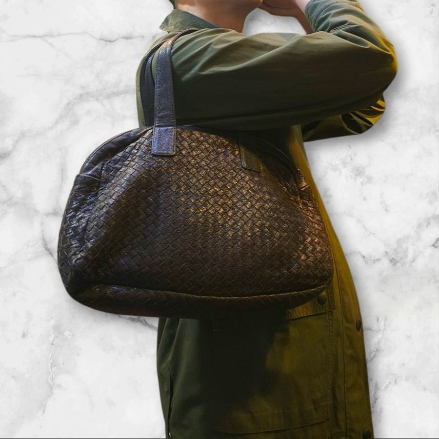 【8成新】㊣✨Bottega Veneta ✨寶緹嘉 BV 羊皮 咖啡色 編織 輕量 保齡球包 手提包 肩背包 托特包 /二手包/二手精品/保證正品🌳二手樹屋🌳-42