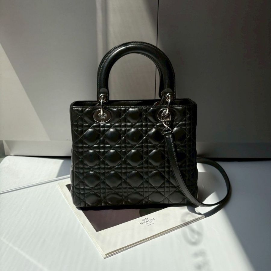 Dior 銀釦黑羊皮藤格紋戴妃包 25-2