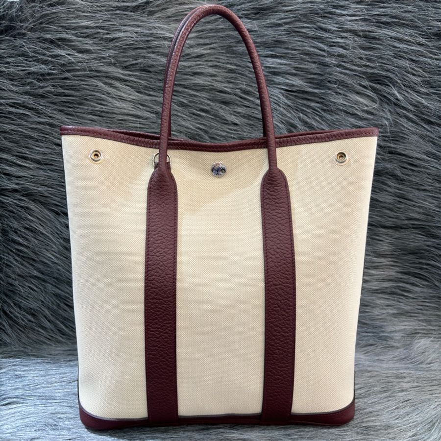 HERMES GARDEN PARTY GP FILE 28 咖啡紅茶荔枝皮 奶油白帆布 購物包手提包肩背包托特包花園包斜背包-3