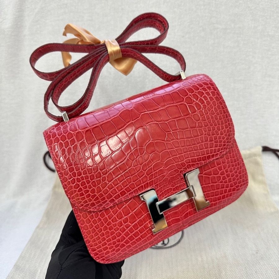 爱马仕Hermès Constance Mini 18银扣亮面鳄鱼皮框Q刻-5