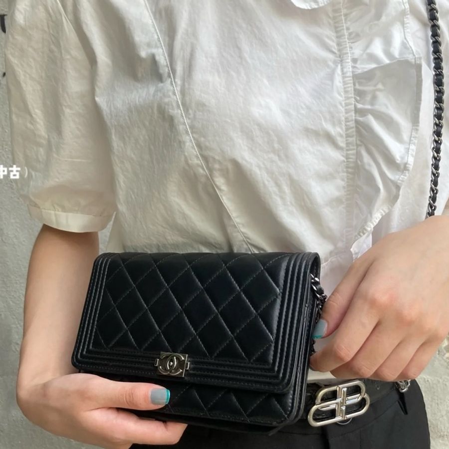 已售出）Chanel Leboy Woc黑銀荔枝牛皮斜挎發財包🖤閒置品割愛😭❤️-6