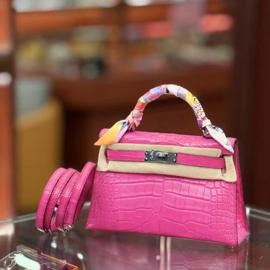 Hermes Mini kelly II 5R Rose Shocking 玫瑰粉紅 霧面鱷魚 銀扣-8