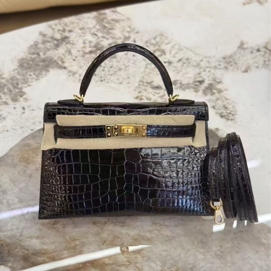 全新全套 Hermes mini Kelly II 二代 黑金倒V亮面鱷魚-0