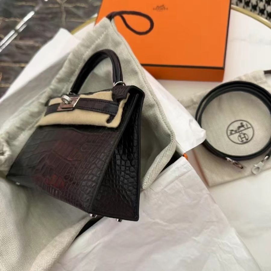 Brand new W Hermes mini Kelly II black Alligator ck89 黑色銀扣霧面鱷魚-6