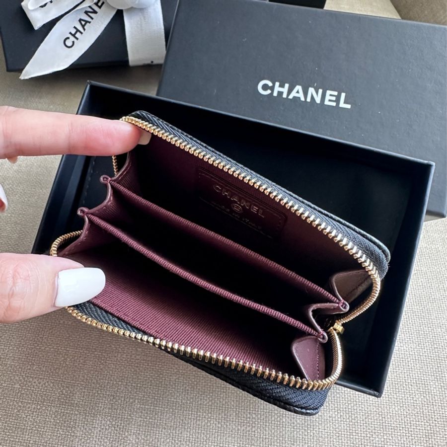 全新| Chanel 經典 coco 三層零錢包 黑金荔枝牛皮-4