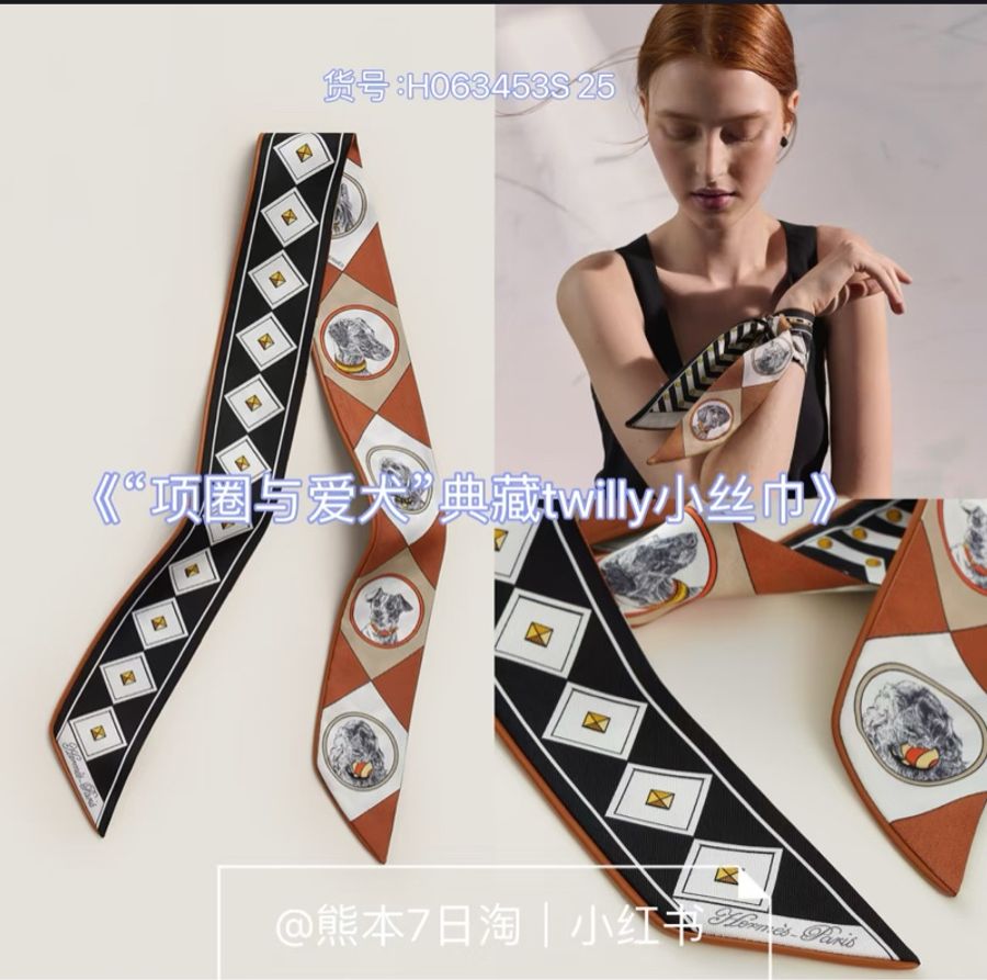 愛馬仕春夏二五特別版絲巾Colliers et Chiens forever Twilly /黑白焦糖色 ( 全新 )-5