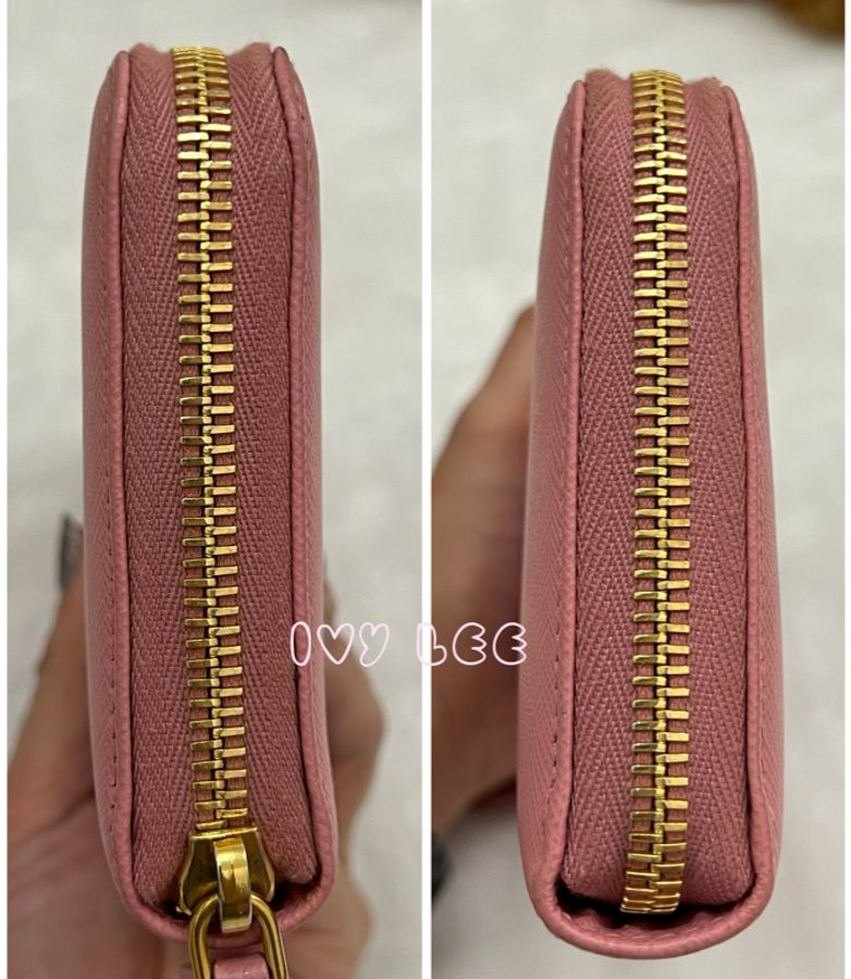 PRADA SAFFIANO 立體品牌金色LOGO防刮皮革 拉鍊長夾 粉紅色 拼色 1ML506 二手精品-13