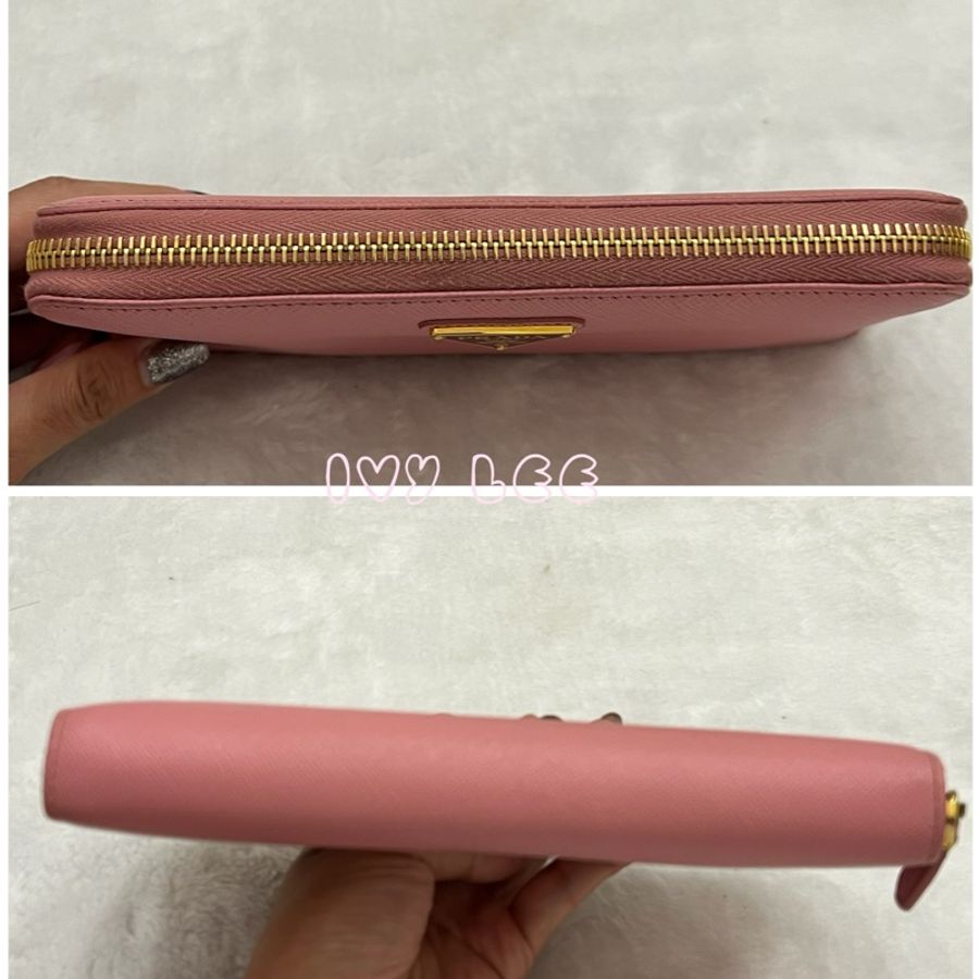 PRADA SAFFIANO 立體品牌金色LOGO防刮皮革 拉鍊長夾 粉紅色 拼色 1ML506 二手精品-14