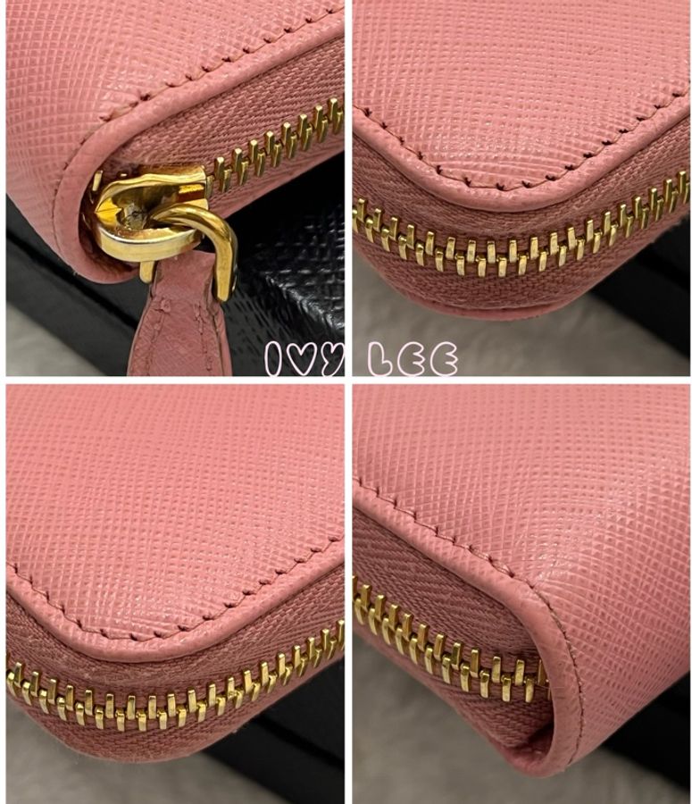 PRADA SAFFIANO 立體品牌金色LOGO防刮皮革 拉鍊長夾 粉紅色 拼色 1ML506 二手精品-16