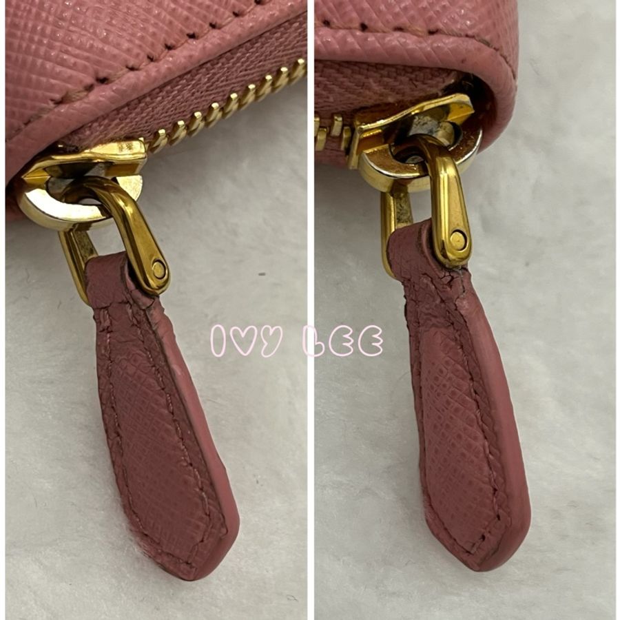 PRADA SAFFIANO 立體品牌金色LOGO防刮皮革 拉鍊長夾 粉紅色 拼色 1ML506 二手精品-17
