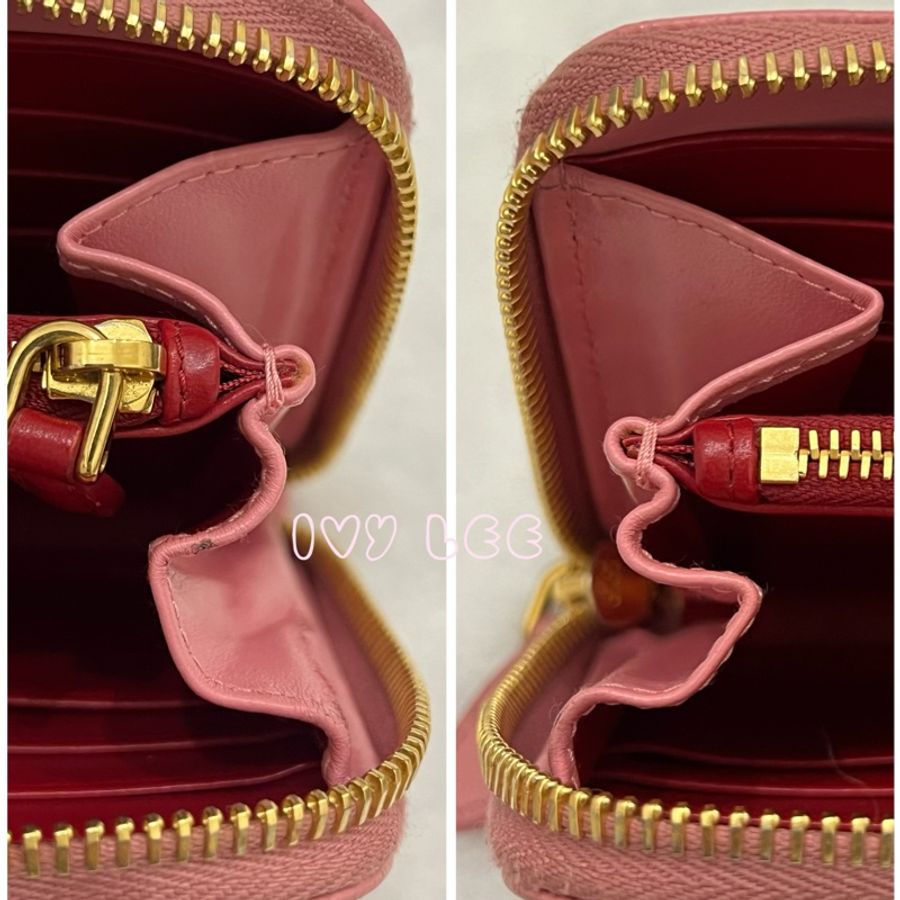PRADA SAFFIANO 立體品牌金色LOGO防刮皮革 拉鍊長夾 粉紅色 拼色 1ML506 二手精品-18