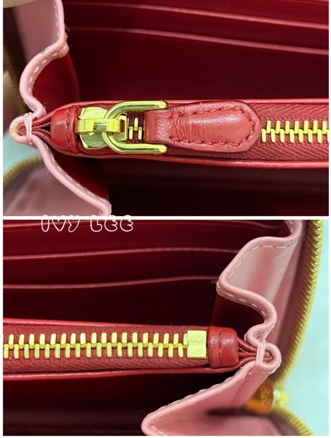 PRADA SAFFIANO 立體品牌金色LOGO防刮皮革 拉鍊長夾 粉紅色 拼色 1ML506 二手精品-23